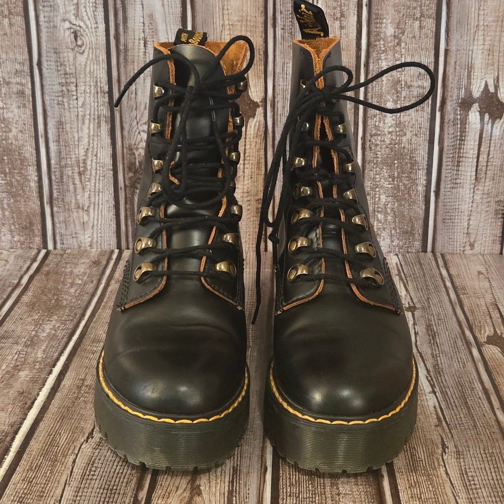 Dr. Martens Black Platform Lace-Up Heeled Boots with Yellow Stitching - Picture 2 of 11